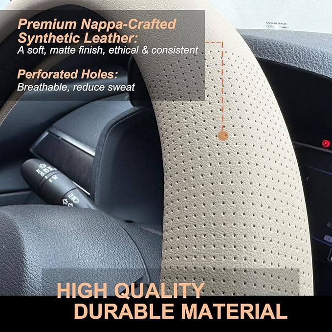 PINCTROT D Shaped Nappa Leather Steering Wheel Cover, Slim Fit No Bulk Design, One Piece Leather with Breathable Perforation, Fit Like Gloves, Flat Bottom 14.5-15 Inch(Nappa Beige)