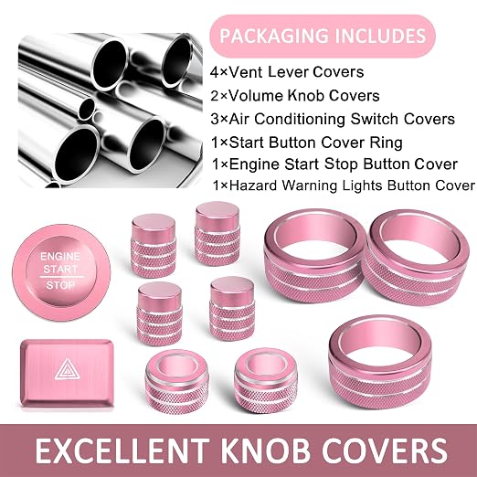 Knob Covers for Honda Civic Accessories 2026 2025 2022-2024 for CRV 2026 2025-2023 for Acura Integra 2025 2024 2023 Hazard Warning Lights, AC, Air Vent, Audio, Push Start Button Cover Ring 12Pcs(Pink)
