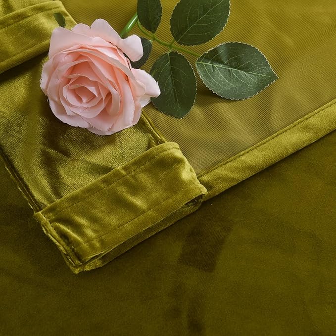 Roslynwood Luxury Soft Olive Velvet Curtains 63 inches Long Back Tab Thermal Insulated Blackout Window Drapes for Living Room/Bedroom/Dining Room, W52 x L63, 2 Panels