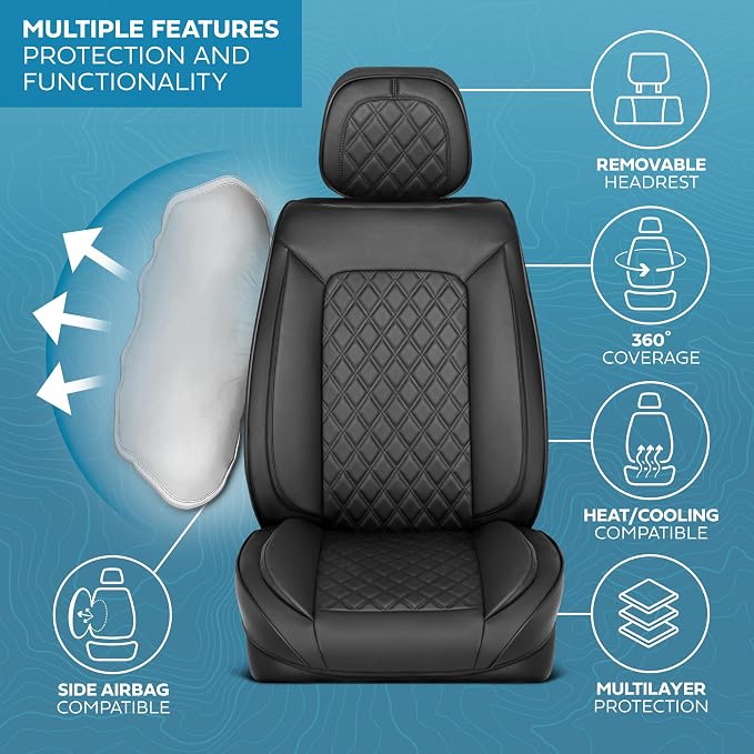MotorBox Elite Edition Faux Leather Seat Covers for Cars, Trucks, & SUV - 2 Black Car Seat Covers for Front Seats - Universal Fit Car Accessories Automotive Interior Cover Protector for Most Vehicles