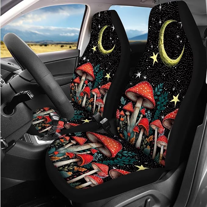 BIGCARJOB Moon Mushroom Car Seat Covers Set for Women Auto Interior Accessories Full Set 12 Pcs Cup Holder,Steering Wheel Covers,Armrest Pads