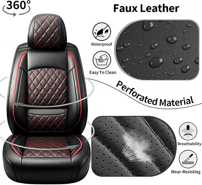 Fit Ranger Car Seat Covers for Ford Ranger 2007-2025 2026 - Luxury Leather, Anti-Slip, All-Weather Seat Cushions, Waterproof & Breathable, Airbag Compatible, Full 5-Seat Set (Redline)
