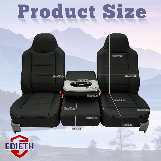 Front Seat Covers for Ford F250-F550 Super Duty 2002-2010 40/20/40 Split Seat with Molded Headrest & Shoulder Support Textured Breathable Fabric Knit - Black