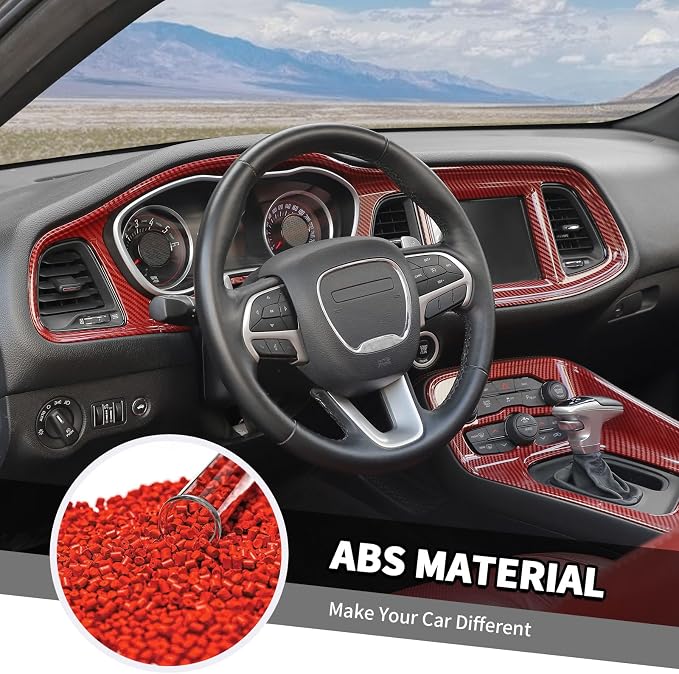 Jimen Fit for Dodge Challenger 2015-2024, 5PCS Center Console Dash Trim Kits Instrument Cluster Panel & Gear Shift Panel Cover (Red Carbon Fiber)