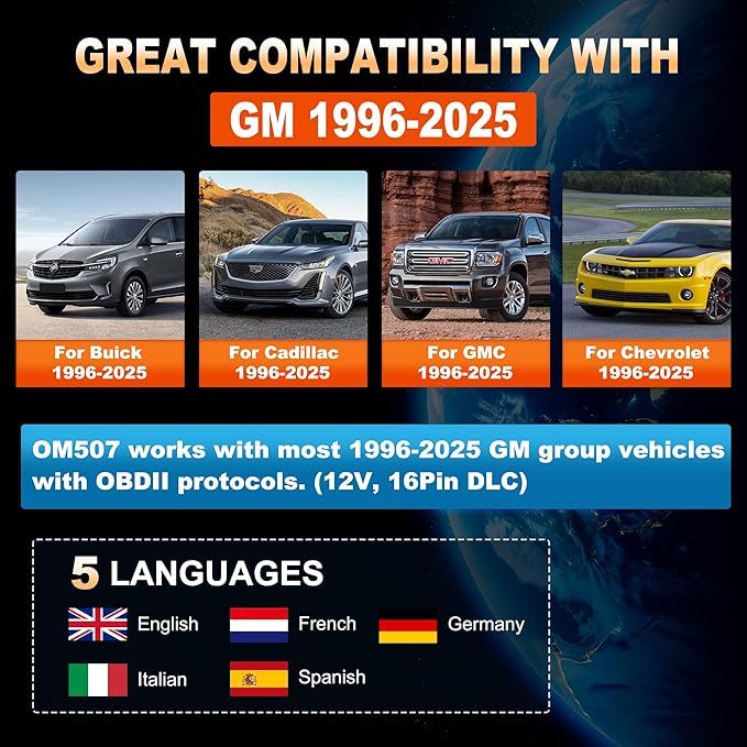 OBD2 Scanner Diagnostic Tool for GMC/Buick/Chevrolet/Cadillac, OM507 All Systems Diagnostic with 12 Resets (Oil/ETC/EPB/ABS/SAS/BAT Register...), Full OBDII Functions Read&Erase Fault Codes