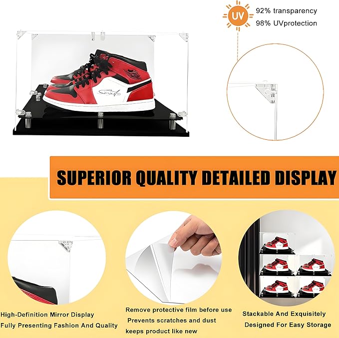 Acrylic Sneaker Display Case, Clear Shoe Box with Mirror Back & Elevated Base, 3mm Thick Collectible Display Showcase for High Tops, Fits up to US Size 15, Dustproof Organizer (Assembly Required)