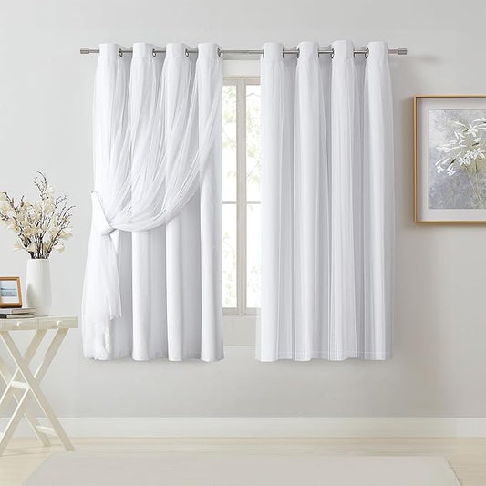 Bujasso White Full Blackout Curtain Panels with Sheer Overlay Mix and Match Double Layer Thermal Insulated Window Treatment Set for Living Room White Drapes with Tiebacks Grommet Top 54" Wx63 Lx2