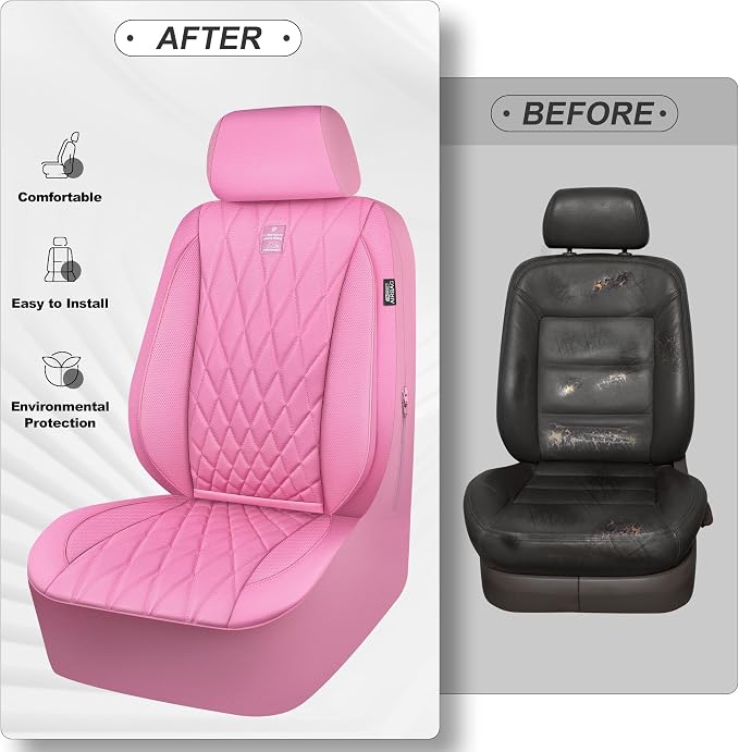 CAR PASS Piping Luxury Leather Two Front Car Seat Covers and 3 Piece Heavy Duty Deep Dish All Weather Rubber Car Floor Mats, Universal Fit for 95% Sedan SUV Van Truck, All Pink