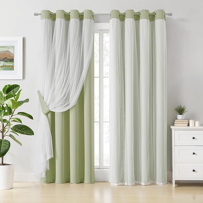 Bujasso Sage Green Blackout Curtains with Sheer Overlay Mix and Match Double Layer Thermal Insulated Window Panels 95 inch for Living Room Bedroom Green Drapes with Tiebacks Grommet Top 54" Wx95 Lx2
