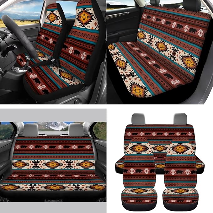 Red Tribal Horse Car Seat Covers Set of 15 with Universal Steering Wheel Cover, Rearview Mirror Cover, Car Trash Can, Seatbelt Pads, Cup Holder Coasters, Keychains
