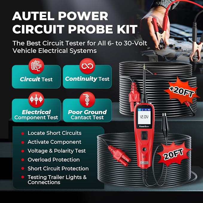 Autel Circuit Tester 2026, PowerScan PS100 Automotive Circuit Tester, 12-24V Electrical Short Open Breaker Circuit Finder, Digital Multimeter/Relay & Diode Resistance Tool Kit, 20FT Extra Cord
