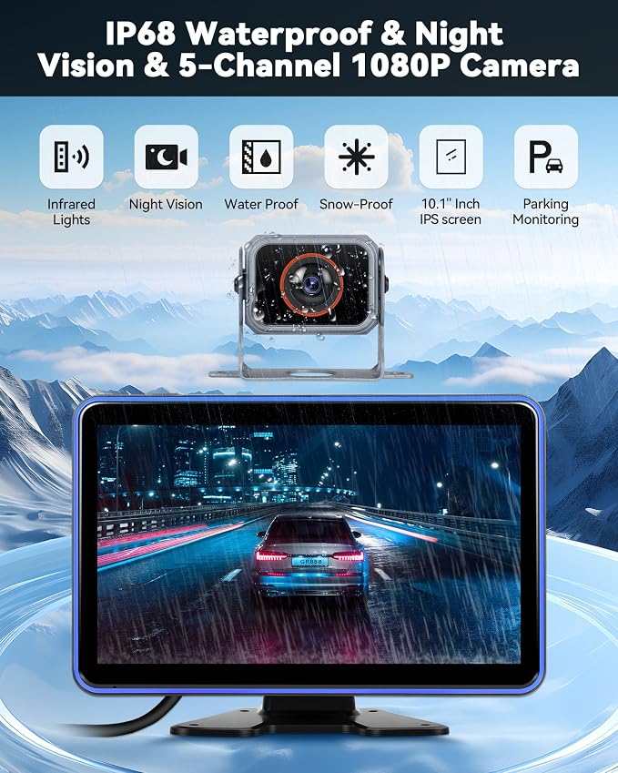 CAMECHO 5 Channel RV Backup Camera Vehicle Backup System with 10.1'' Monitor Touchscreen & 5 Split Display 1080P Backup Cameras, MP5 Player Vehicle DVR Recorder for RV/Truck/Bus/Trailer/Camper/Van