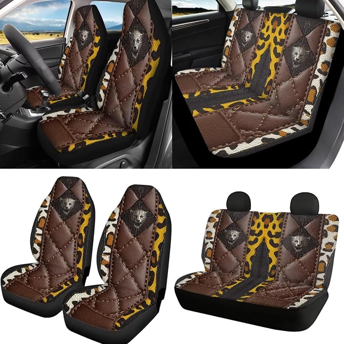 Leopard Print Auto Seat Covers Non Slip Steering Wheel Cover Seatbelt Pads Universal Fit for Cars Trucks SUVs Breathable Car Seat Cover Full Set, Brown