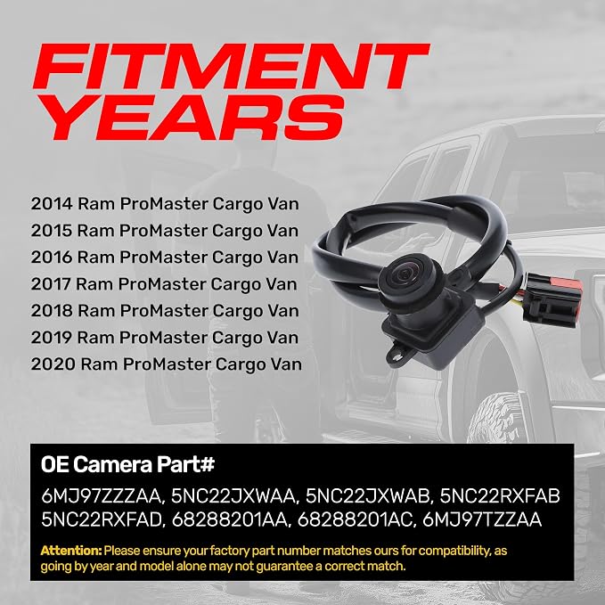 Master Tailgaters Replacement for Ram ProMaster Cargo Van (2014-2020) Backup Camera OE Part # 6MJ97ZZZAA, 5NC22JXWAA, 5NC22JXWAB, 5NC22RXFAB, 5NC22RXFAD, 68288201AA, 68288201AC, 6MJ97TZZAA