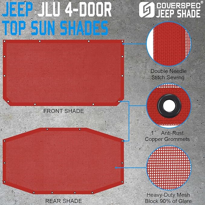 JL Top Sun Shade Roof Compatible with Jeep Wrangler 2 or 4 Door 2018 to 2023 Sunshade Sunroof Blocks UV Wind Noise Cherry Red Mesh for Front and Rear 2 pcs