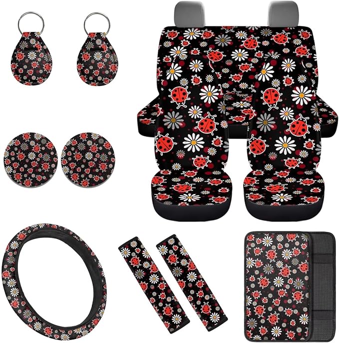 Cute Ladybug 12 Pcs Car Seat Covers with Steering Wheel Cover,Seat Belt Covers Cup Holder Keychain Holder Elastic Fabrics Universal Fit for Most Cars,SUVs