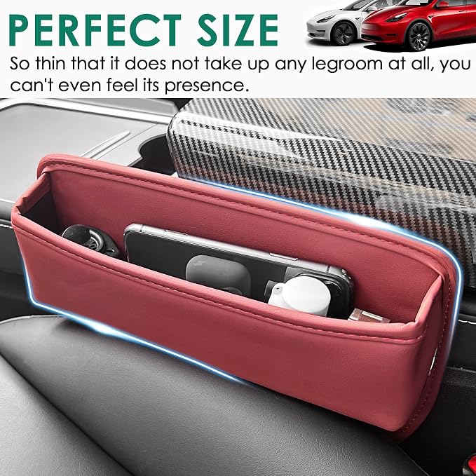 2 Pack Seat Gap Filler Organizer Compatible for Tesla Model 3 Y X S Car Leather Accessories Console Side Extra Storage Boxes Seat Crevice Box Auto Front Seat Storage Interior (Red)