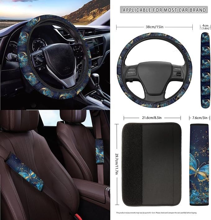 Moon Butterfly Floral Print Car Seat Cover Set Steering Wheel Cover Seatbelt Strap Pad Cup Coasters Air Vent Storage Holder Garbage Cans Rearview Mirror Covers Key Chain, 15 Pack
