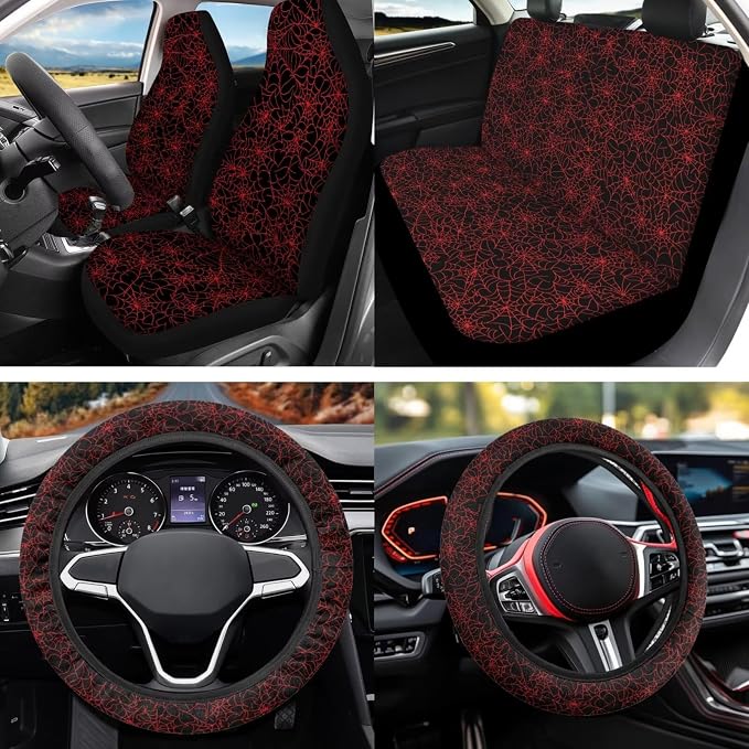 Halloween Spider Web 12 Pack Car Seat Covers Full Set with Auto Seat Belt Cover Car Armrest Cushion Cars Cup Coasters Steering Wheel Cover Universal Fit Most Cars SUV