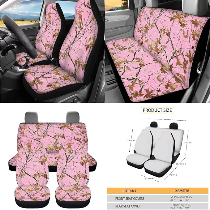 Dreaweet Pink Car Seat Covers Full Set Branch Camo Steering Wheel Cover Seat Belt Pads Trash Bag Air Vent Storage Pouch Rear rview Mirror Cover Coaster Keychain,15 Pcs,Universal Fit