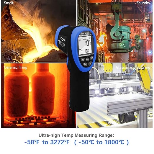 BTMETER BT-1800 Non Contact Pyrometer High Temperature Infrared Thermometer Gun -58°F ~3272°F (-50~1800℃) DS 50:1 for Metal Melting Furnace Forge Kiln Tempe Tester-Blue(NOT for Human Temp)