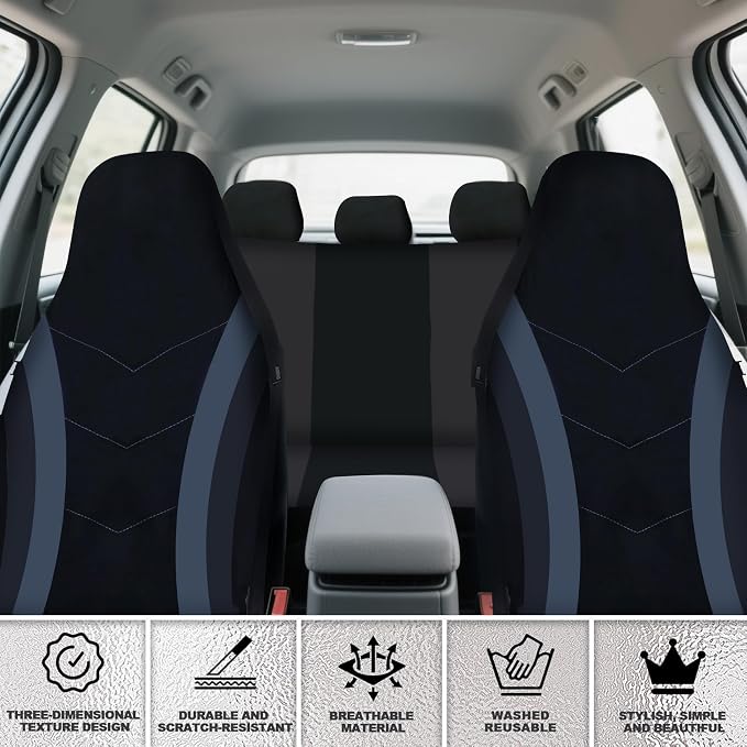 High Back Curved Car Seat Covers,Universal Car Seat Cover Full Set,Plush Steering Wheel Cover,Fit Sedans,Cars,Vans,SUV,Truck (Grey)