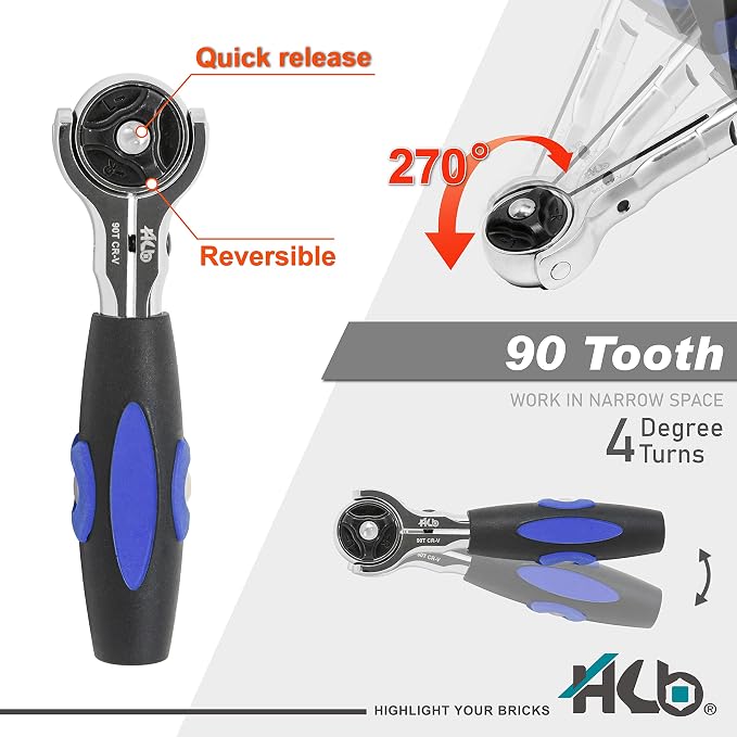 HB 50-Piece Socket and Bit Set AKM025-U | 90-Tooth 1/4-Inch Drive Swivel Head Pivot Ratchet Handle Quick Release Reversible | Security Bits Chrome Vanadium Steel S2 Steel Portable Case Made in Taiwan