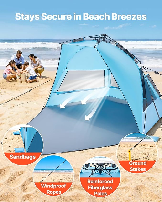 VEVOR Beach Tent Sun Shelter for 4 Person, Pop Up Beach Tent UPF 50+, Portable Sun Shade Beach with Carrying Bag and Sand Pockets, Easy Setup Umbrella for Camping Fishing Outdoor Picnic