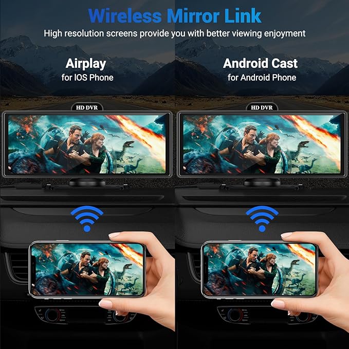 Wireless Apple Carplay Screen for Car with 4K Dash Cam, 10.26" Portable Apple Carplay & Android Auto, HD Touchscren with 1080p Backup Camera, Mirror Link/Voice Control/Music Play/GPS Navigation