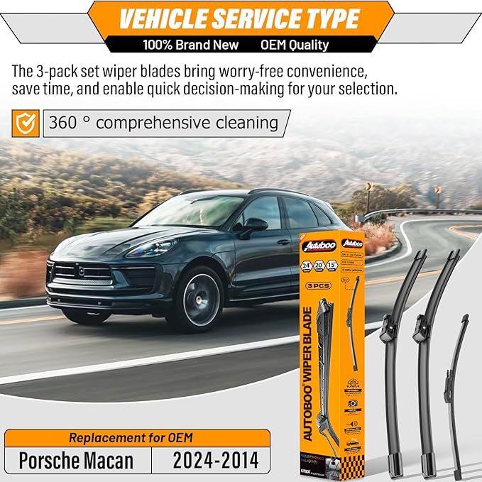 AUTOBOO 24"+20" Windshield Wipers Blades Replacement for Porsche Macan 2014-2024 with 15 Inch Rear Wiper Blade -Original Factory Quality (Pack of 3)