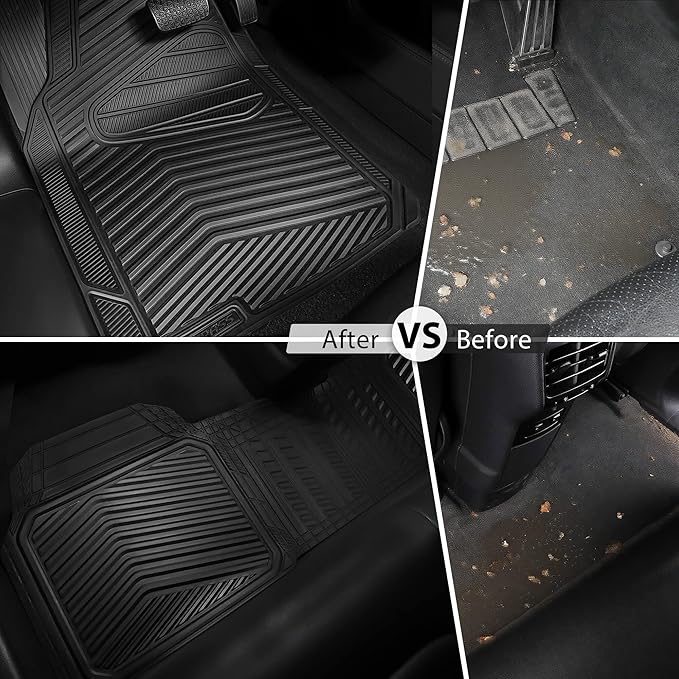 CAR PASS Rubber Car Mats, Waterproof Car Floor Mats All Weather,Car Mat Full Set 3 Piece, Automotive Floor Mat Trim to Fit for Cars Sedans SUVs Trucks, Anti-Slip Easy Clean, All Black
