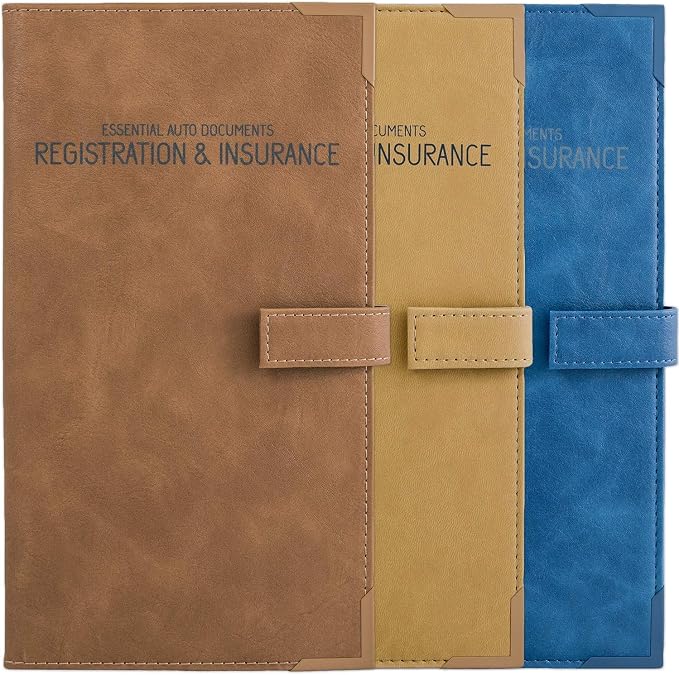 PlusXpres Auto Insurance and Registration Card Holder - Vehicle Glove Box Document Organizer - Car Essential Paperwork Holder for DMV, AAA, Contact Information Cards - BROWN + BEIGE + BLUE BUNDLE