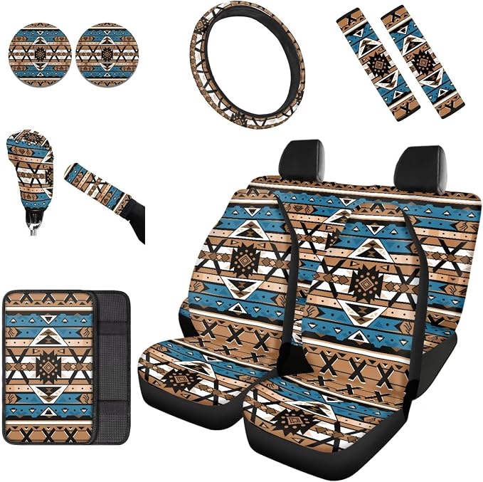 Dreaweet Aztec Seat Covers for Cars Full Set Southwestern Indian Tribal Geometric Car Steering Wheel Cover/Center Console Cover/Seatbelt Covers/Car Coasters/Gear Shift Cover/Handbrake Cover,Universal