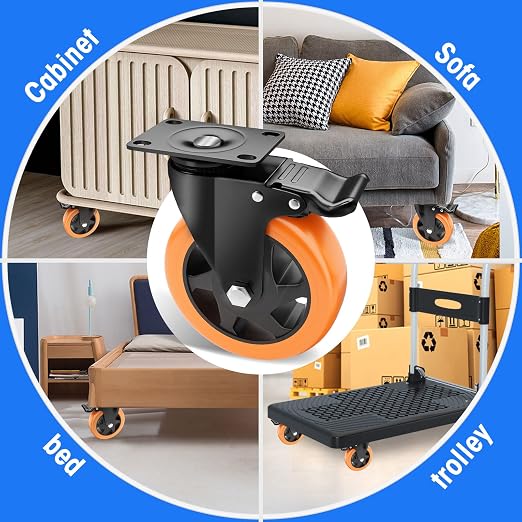 5" Swivel Plate Casters, 1400Lbs Capacity with Brake | Orange, 4-Pack, PU Wheels, Double Ball Bearings, Quiet & Non-Marking, for Workbenches