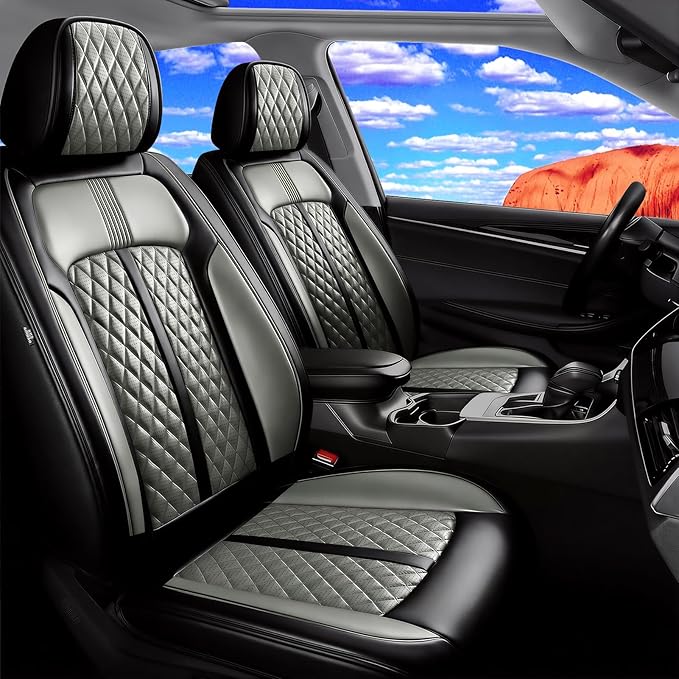 Fit XTS Car Seat Covers (Front Pair) for Cadillac XTS 2013-2019 - Premium Full Coverage Leather, Airbag Compatible & Scratch-Resistant, Waterproof & All Weather Seat Protector, Black+Gray