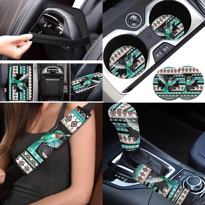 BIGCARJOB Car Seat Covers Full Set 13 Pcs Hummingbird Tribal Car Accessories Set with Seat Belt Pads,Armrest Pad Set,Universal Fit Most Fits Most Cars SUV and Truck