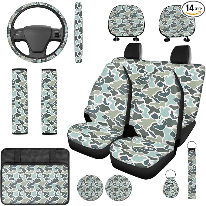 Bulopur Blue Fish Camo Auto Seat Covers with Car Steering Wheel Cover Car Armrest Cushion Pads Headrest Covers Vehicle Seat Belt Covers Automotive Accessories for SUV Truck Van