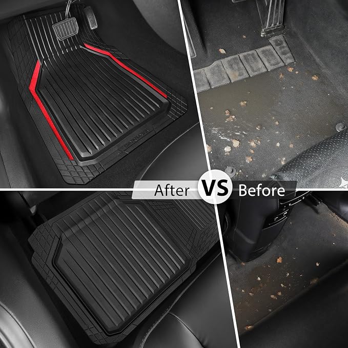 CAR PASS Heavy Duty Rubber Floor Mats for Car, Waterproof Liner Deep Dish Car Mats Full Sets, Universal Trim to Fit for SUV Truck Sedans Vans, All Weather Automotive Floor Mats 3pcs, Black Red
