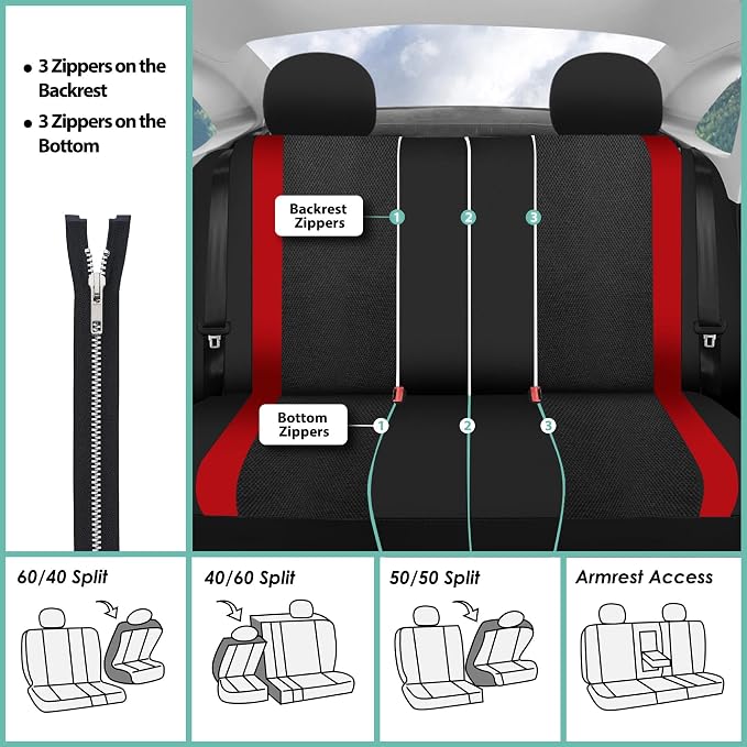 FH Group Car Seat Covers Universal Fit Full Set Interior Accessories, Sports Red Seat Covers with Airbag and Split Rear Automotive Combo Vinyl Floor Mats Seat Covers for Cars Vans Trucks and SUV