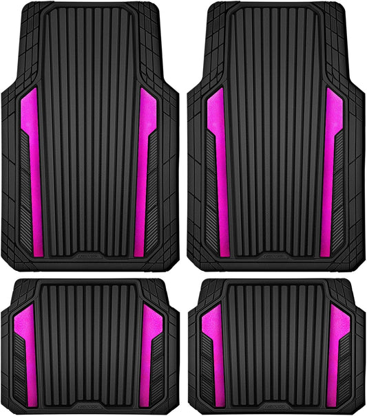 CAR PASS Heavy Duty Rubber Car Mats Metallic, Aluminum Film All Weather Floor Mats Waterproof Universal Trim to Fit for SUV Sedan Van 4 Piece Anodized Deep Dish Two-Tone Sporty Black Hot Pink Chrome