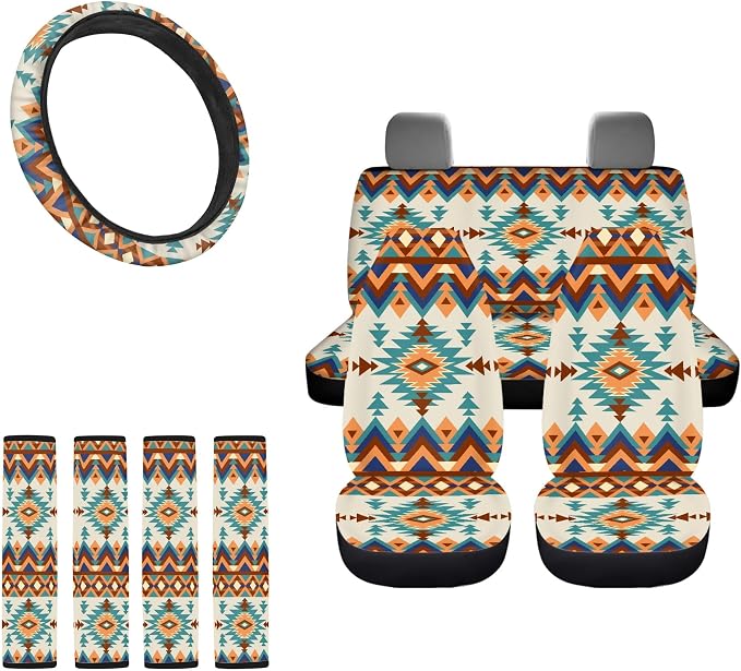 Aztec Tribal Seat Covers Full Set with Steering Wheel Cover, Shoulder Pads, Bucket Seat Covers Car Accessories Universal Fit for Most Cars, Off White and Orange