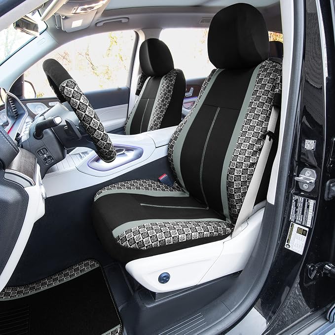 We Are Young Life is Fun™ Checker Car Seat Covers Universal Fit Interior Accessories Full Set Gray Seat Cover Combo Steering Wheel Cover and Seat Belt Pads, Airbag and Split Rear Car Seat Covers