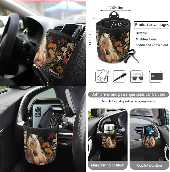 Horse Floral Print 15 PCS Car Front Back Seat Covers Set, Steering Wheel Cover Seatbelt Strap Pad Trash Cans Rear View Mirror Cover Air Vent Storage Bag Cup Coasters Keychain Universal Fit