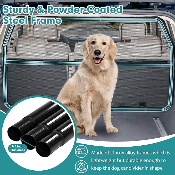 Dog Car Barrier Escape-Proof, 56" Wide Divider for 2nd 3rd Row Seats & Cargo Area, Durable Back Seat Gate Trunk Barrier with See Through Net Mesh for Trucks, Large SUV & Full Sized Vehicles