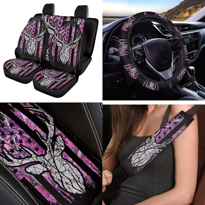 Flag Deer 12 Pack Car Seat Covers Full Set with Auto Seat Belt Cover Car Armrest Cushion Cars Cup Coasters Steering Wheel Cover Universal Fit Most Cars SUV