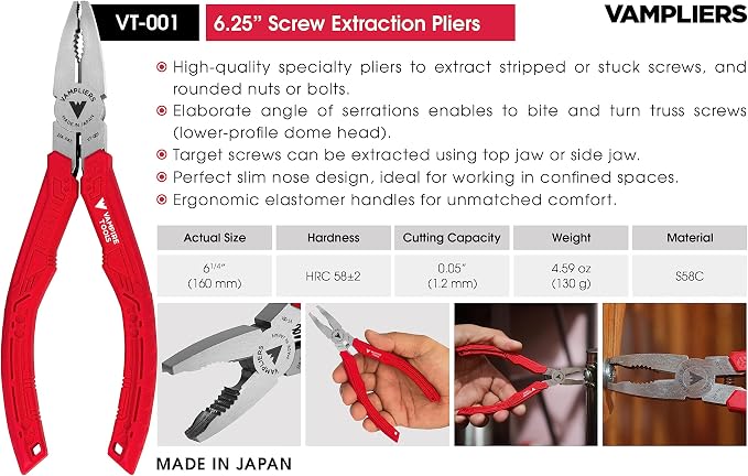 VAMPLIERS 2-PC Screw Extractor Pliers Set: 6.25" + 7" Screw Removal Pliers. Unique Non-slip Jaws. Made in Japan.