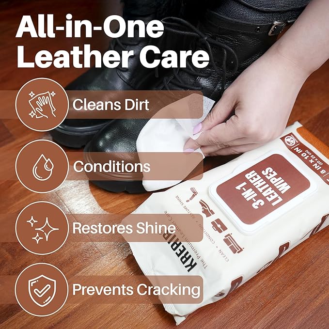 3in1 Leather Wipes 75 XL Count, Clean, Condition & Restore Shine, Extra-Large 8"x10" Wipes for Car Seats, Shoes, Furniture & Bags, Thick, Durable & Non-Linting, Safe for All Leather Types