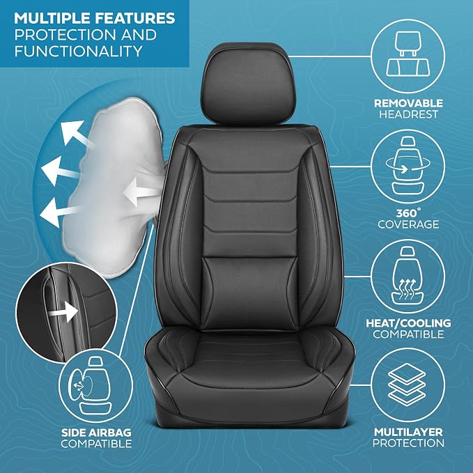 MotorBox Meridian Series Napa Leather Seat Covers for Cars, Classic Cushion Front Seat Covers, Premium PU Leatherette Black Car Seat Covers with Classic Line Design, Cars Trucks SUVs
