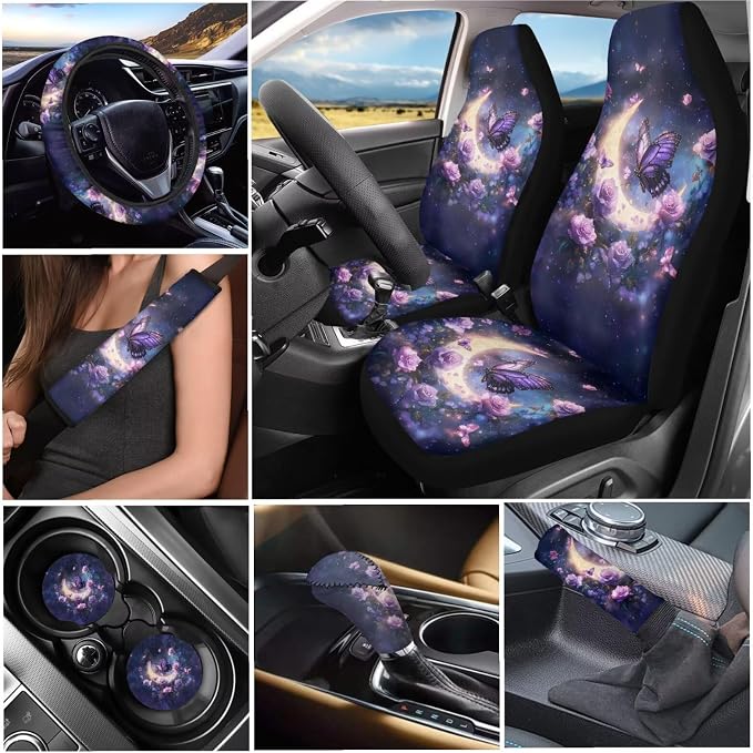 Tupalatus 9 Pcs Moon Butterfly Print Two Front Car Seat Covers with Steering Wheel Cover Auto Seat Belt Cover Coasters Gear Shift Cover Hand Brake Cover Car Accessories Set Easy to Install