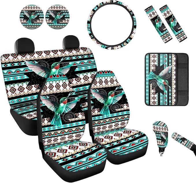 BIGCARJOB Car Seat Covers Full Set 13 Pcs Hummingbird Tribal Car Accessories Set with Seat Belt Pads,Armrest Pad Set,Universal Fit Most Fits Most Cars SUV and Truck